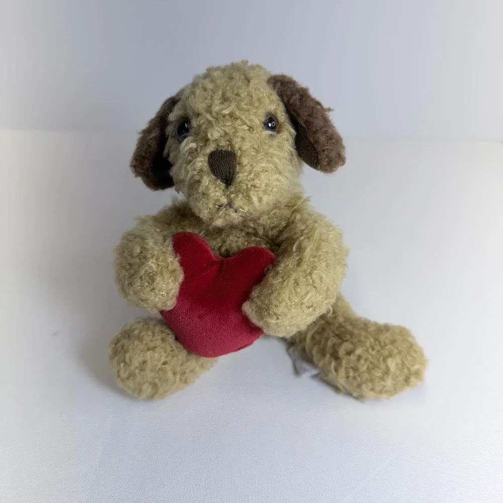 Vintage Old Navy Puppy Dog Plush Toy Tan Brown Holding Red Heart Valentines
